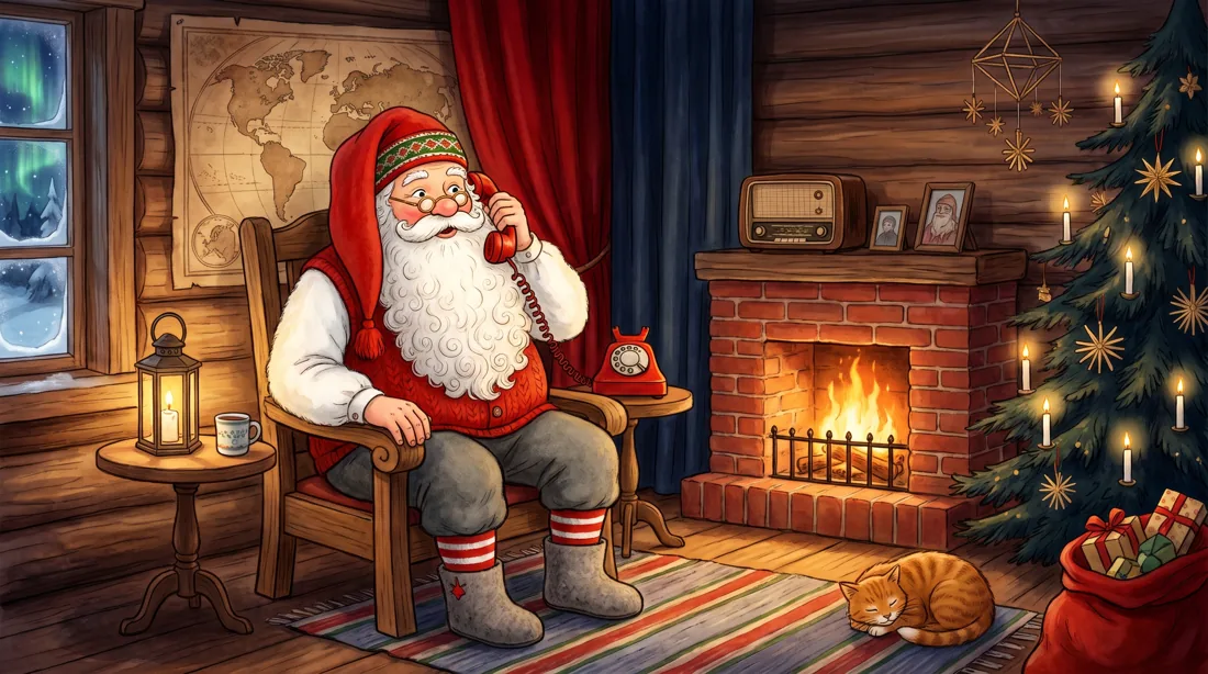 Mrs. Claus answers, then Santa comes to the phone in his cabin by the fire.